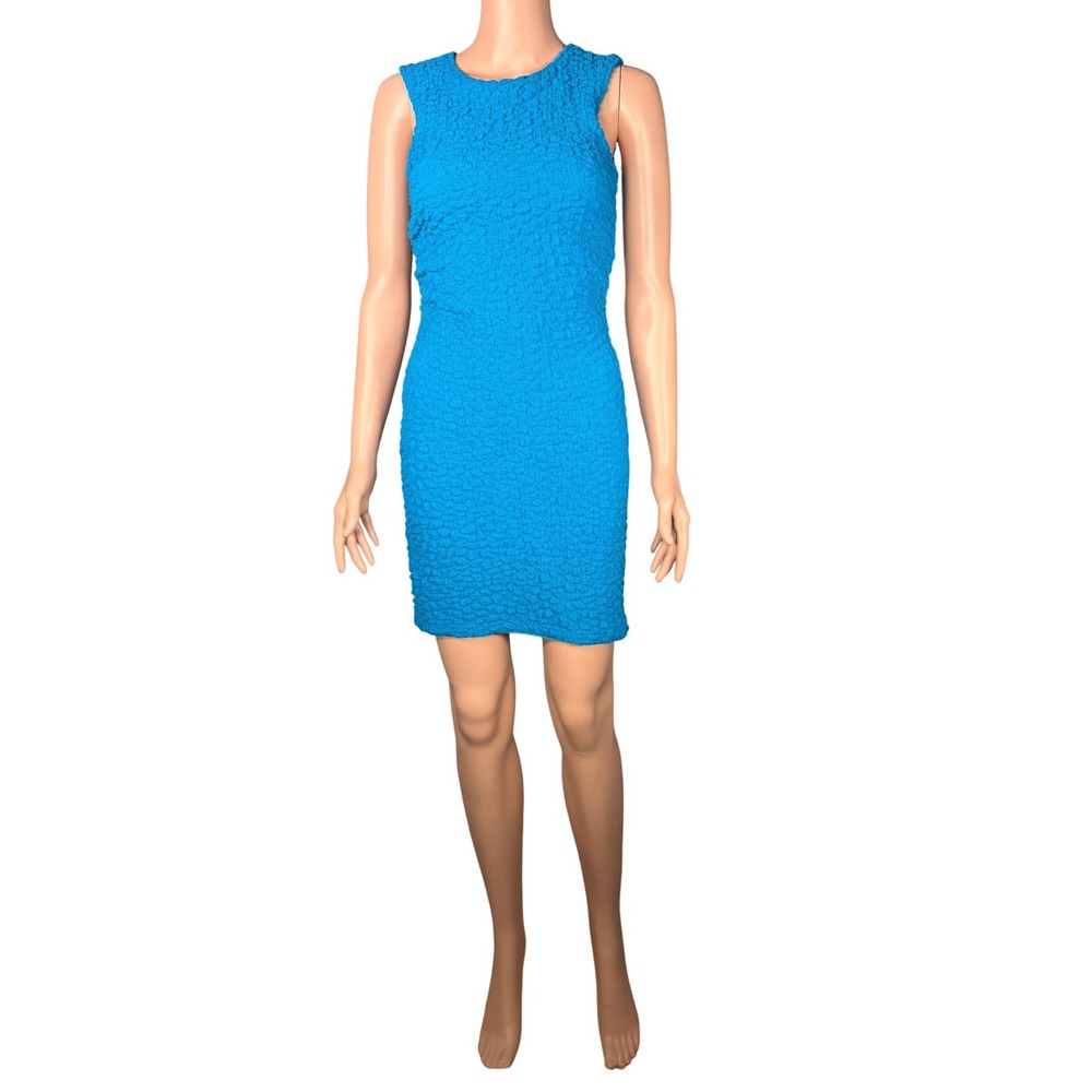 Anthropologie Crinkled Topaz Blue Textured Sheath Dress Keyhole Back